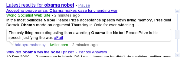 Google Real Time Search Results for Obama Nobel