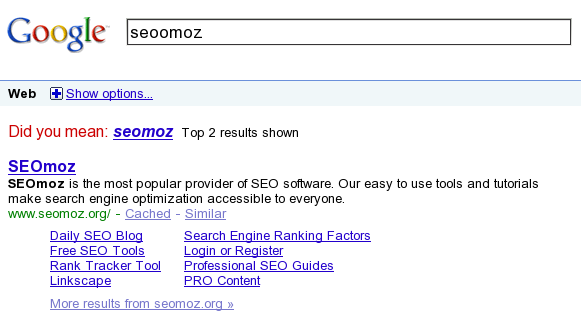 Google SERP for the query seoomoz