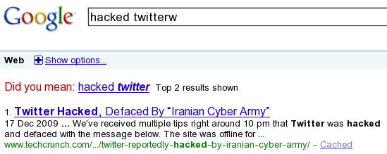 Google SERP for the query hacked twitterw