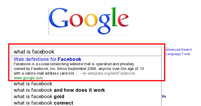 Google Auto-Suggestion List with Web definition for what is facebook