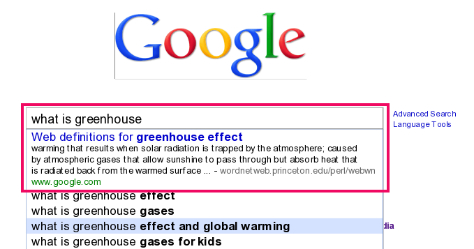 Google Auto-Suggestion List with Web definition for what is green house