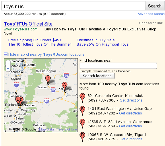 Multiple Locations displayed for 'toys r us' in Google SERP with Google Adwords Local Extension