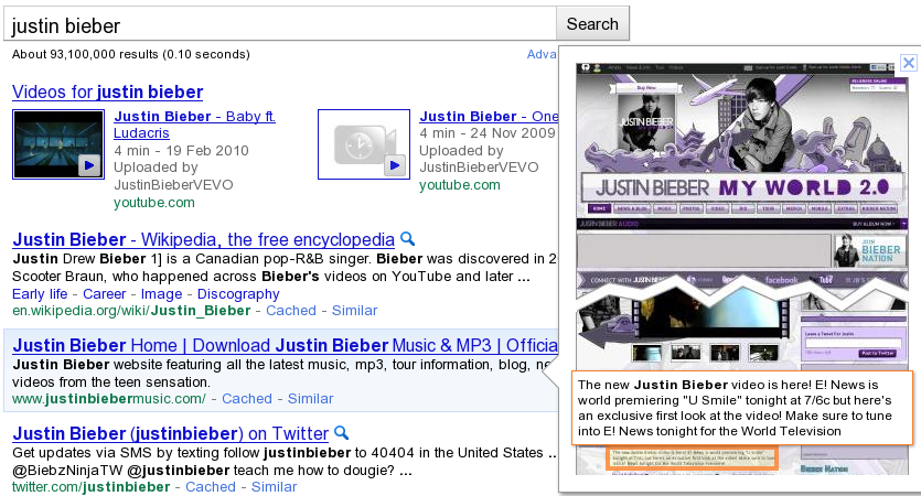 Full Page Preview in Google SERP for search justin bieber