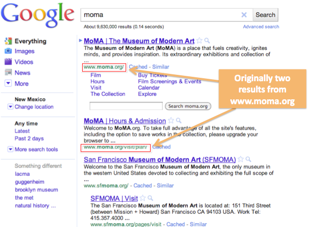 Two Search Results for Moma in Google