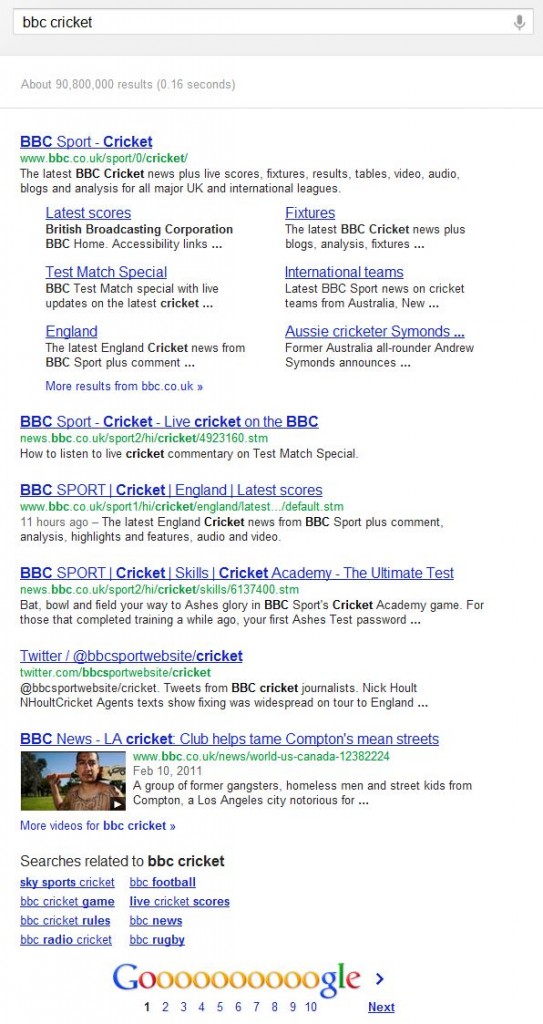 BBC Cricket Search in Google UK