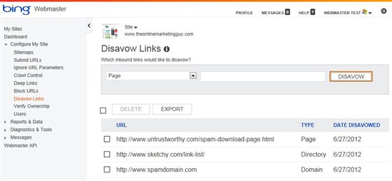 Bing Disavow Links Tool